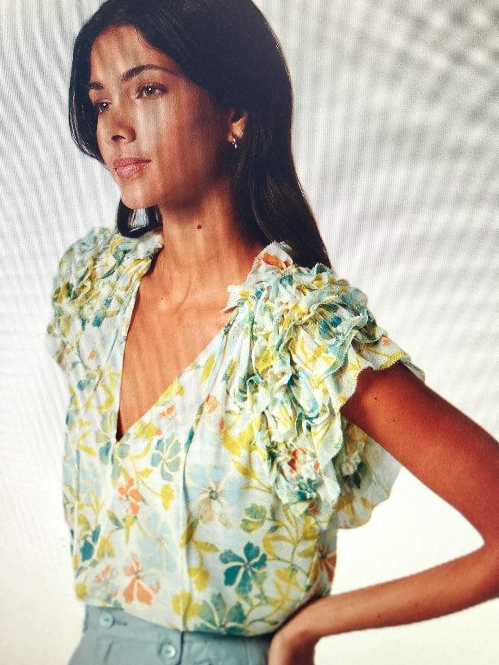 NWT Joie SZ Small Silk Tezza Top in Cerulean Blue Multi Floral Print V-Neck
